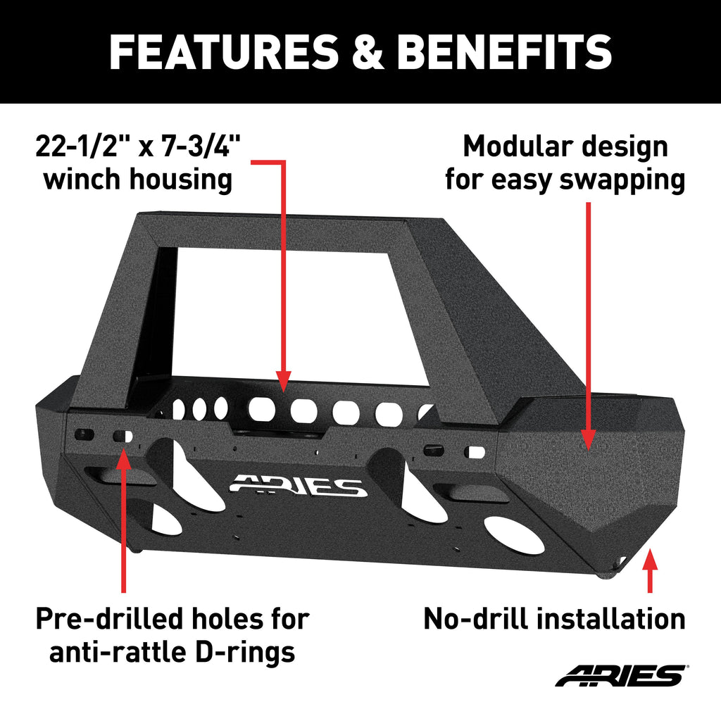 ARIES 2082093 TrailChaser Jeep Wrangler JL, Gladiator Aluminum Front Bumper (Option 2) for Select Jeep Wrangler