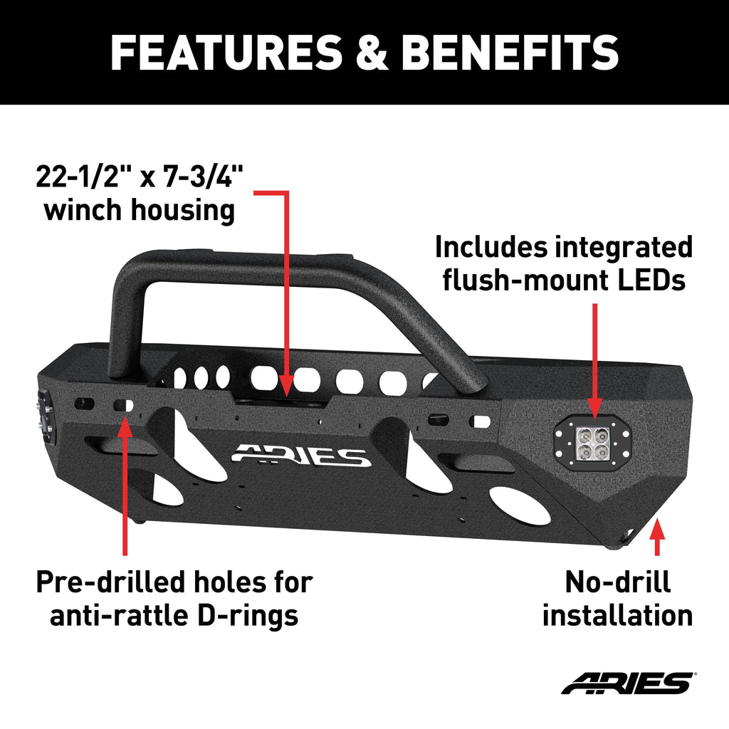 ARIES 2082094 TrailChaser Jeep Wrangler JL, Gladiator Aluminum Front Bumper (Option 3) for Select Jeep Wrangler