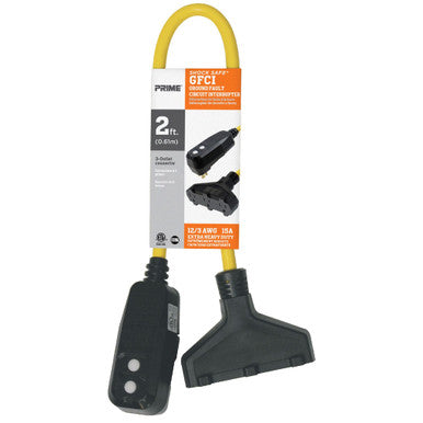 Prime Wire GF420802 2ft. 12/3 SJTW Yellow Triple Tap Adapter w/GFCI Plug