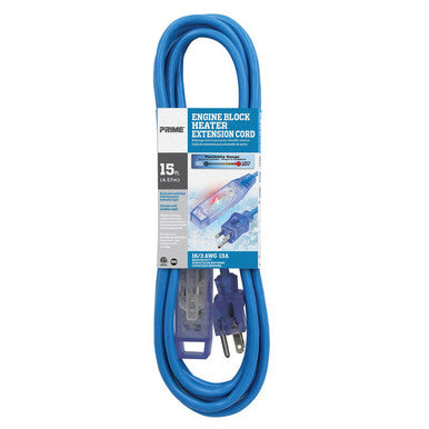 Prime Wire LTF890615 15FT 16/3 SJTW -50°C Blue Engine Block Ext. Cord w/Flashing Indicator Light