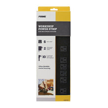 Load image into Gallery viewer, Prime Wire PB801120 6 Outlet Black Metal Power Strip, 10ft. Cord, 2 Transformer-Spaced Outlets, Low