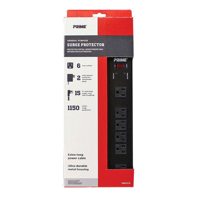 Prime Wire PB802135 6-Outlet, 1150J Metal Surge Protector, 15ft. Power Cord, Auto-Shutdown, Low-Prof