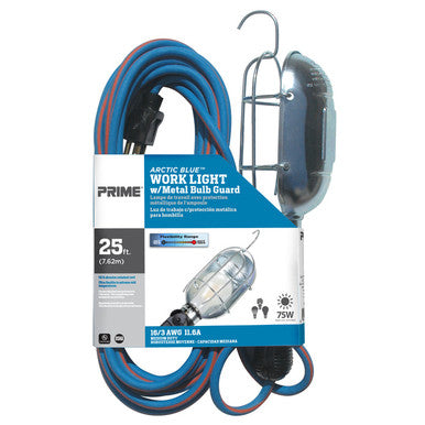 Prime Wire TL020625 25ft. 16/3 SJEO 75 Watt BU/OR Trouble Light w/Metal Guard & Convenience Outlet