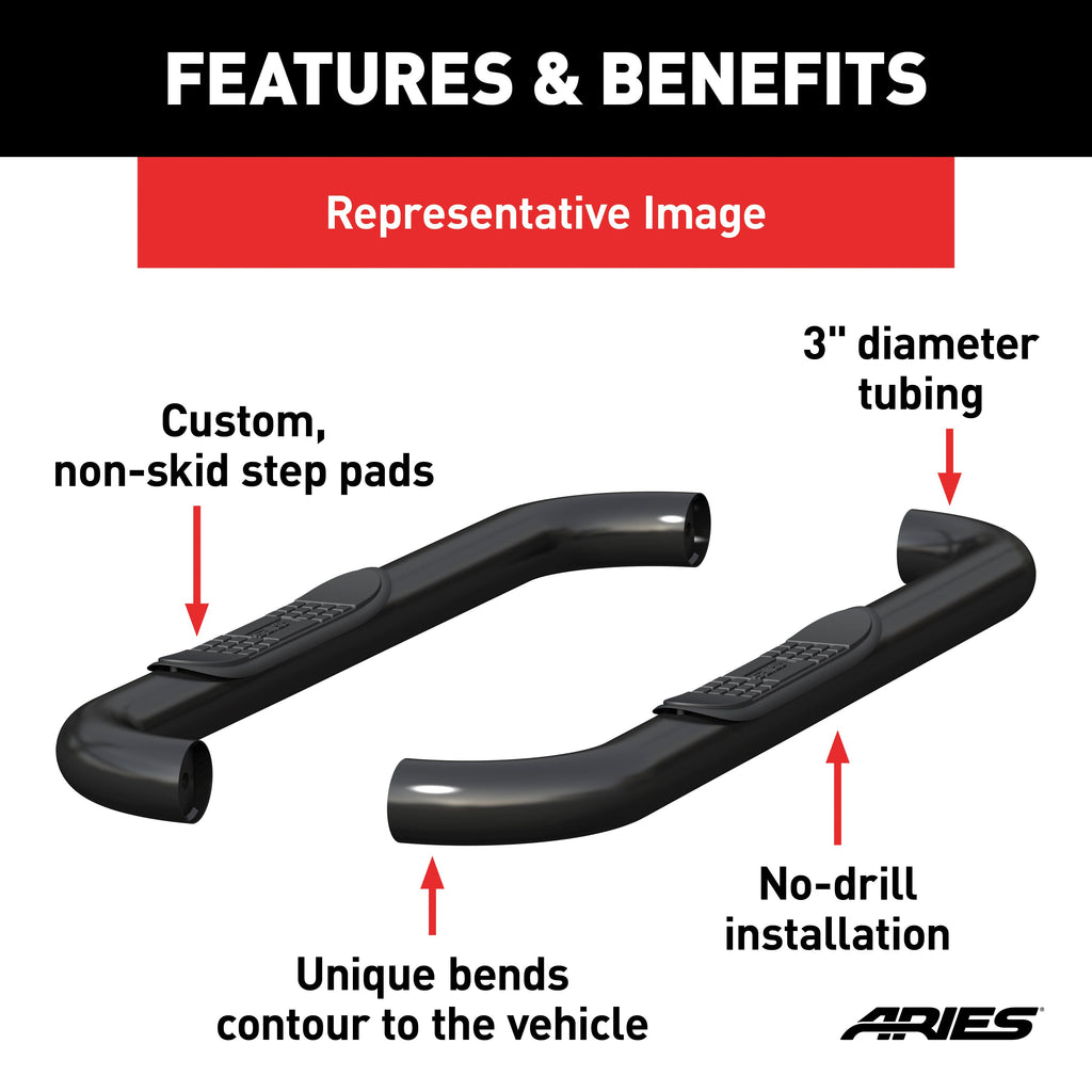 ARIES 214048 3in. Round Black Stainless Side Bars; Select Silverado; Sierra 1500; 2500; 3500 - Truck Part Superstore