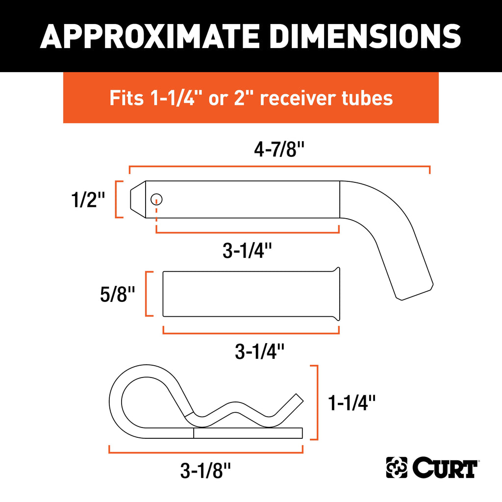 CURT 21502 1/2" Hitch Pin with 5/8" Adapter (1-1/4" or 2" Receiver, Zinc, Packaged)
