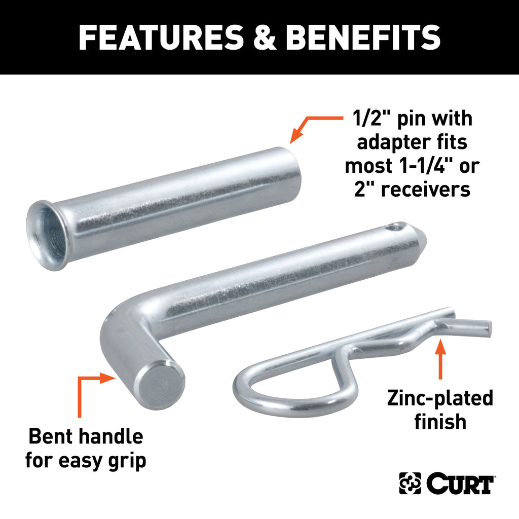 CURT 21502 1/2" Hitch Pin with 5/8" Adapter (1-1/4" or 2" Receiver, Zinc, Packaged)