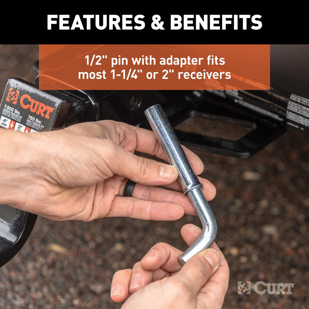 CURT 21502 1/2" Hitch Pin with 5/8" Adapter (1-1/4" or 2" Receiver, Zinc, Packaged)