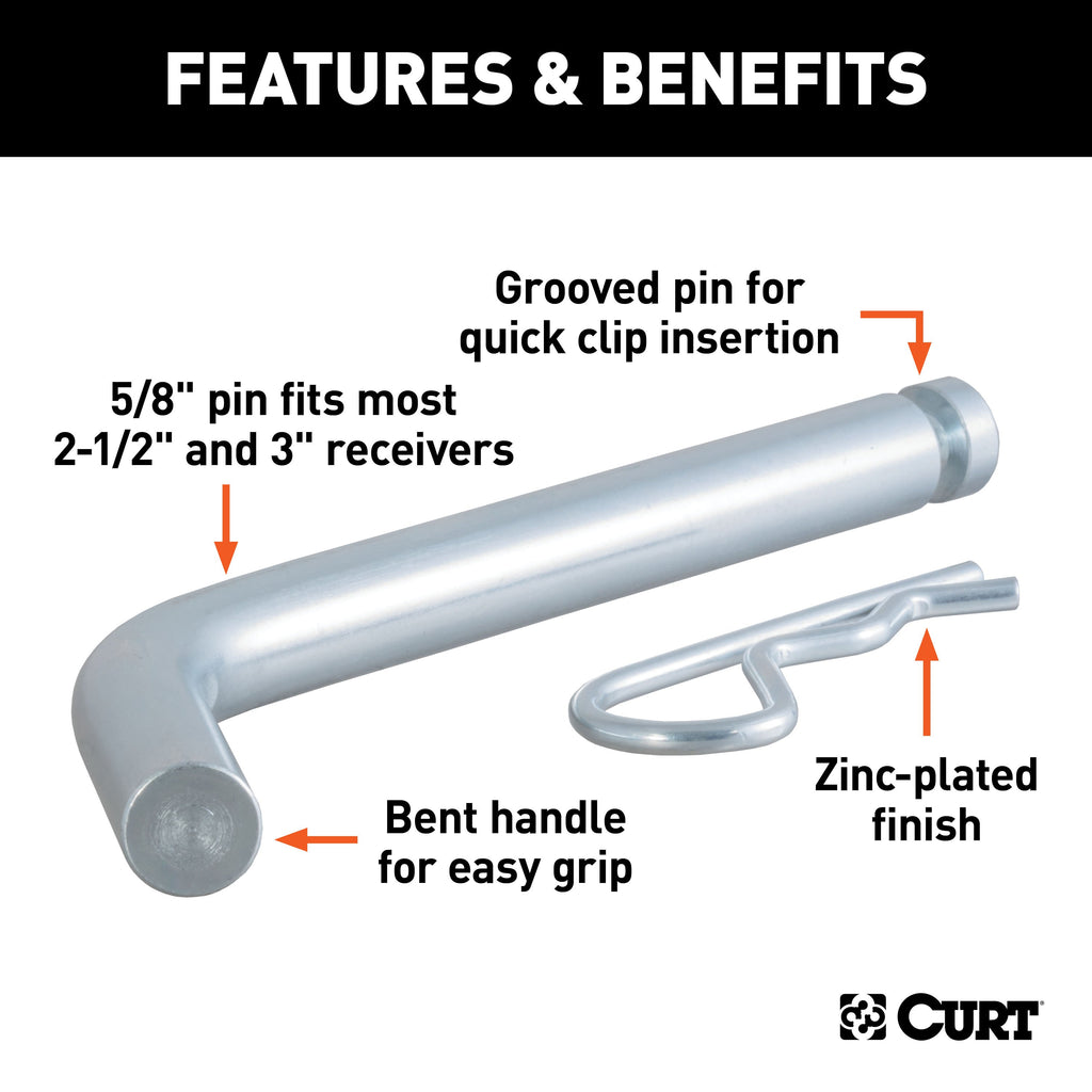 CURT 21507 Heavy-Duty 5/8" Hitch Pin with Groove (2-1/2" or 3" Receiver, Zinc)