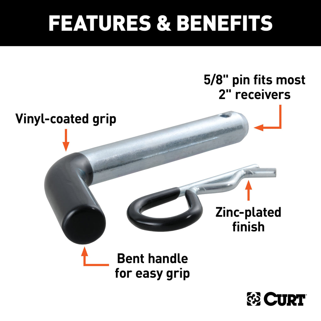CURT 21511 5/8" Hitch Pin (2" Receiver, Zinc with Rubber Grip, Packaged)