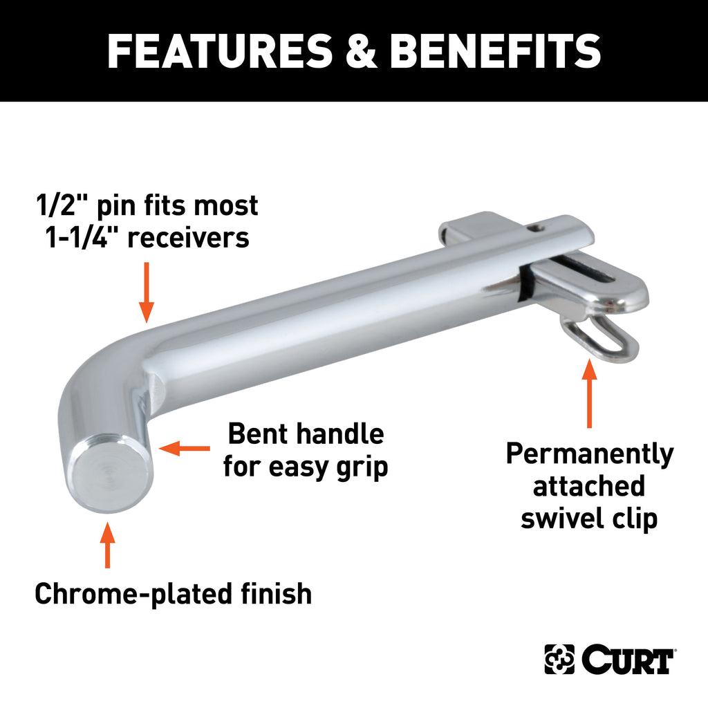 CURT 21541 1/2" Swivel Hitch Pin (1-1/4" Receiver, Chrome, Packaged)