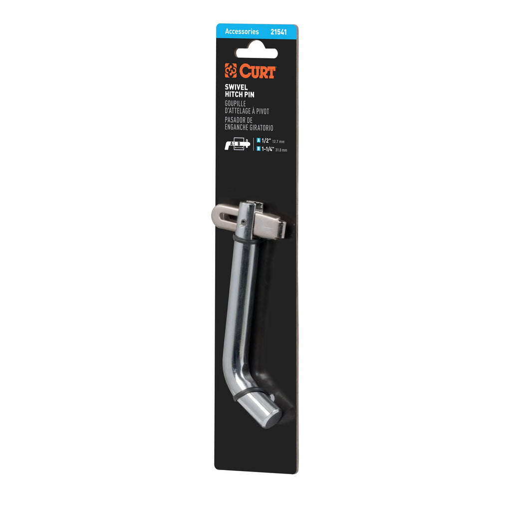 CURT 21541 1/2" Swivel Hitch Pin (1-1/4" Receiver, Chrome, Packaged)