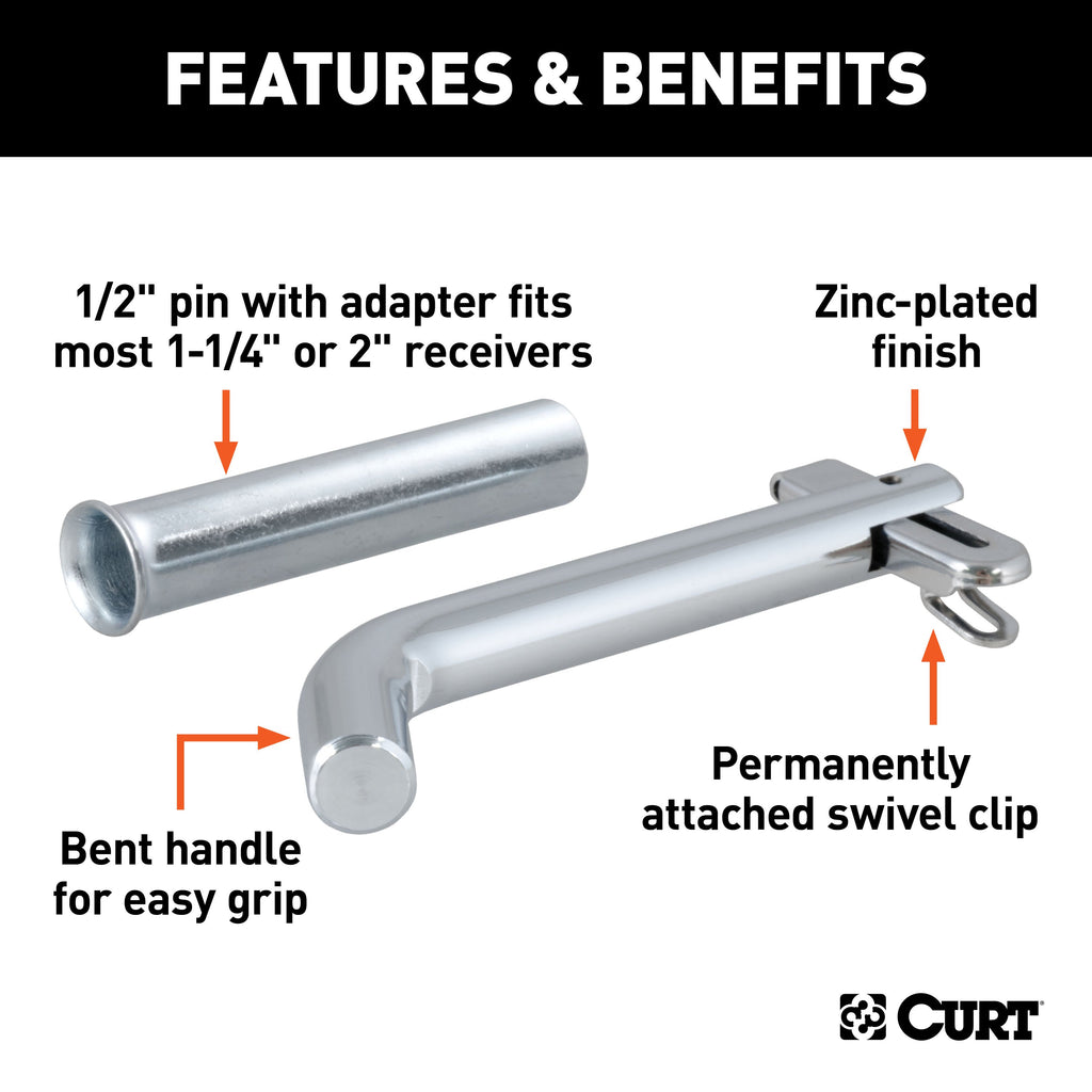 CURT 21561 1/2" Swivel Hitch Pin with 5/8" Adapter (1-1/4" or 2" Receiver, Zinc, Packaged)