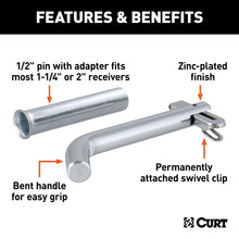 Load image into Gallery viewer, CURT 21561 1/2" Swivel Hitch Pin with 5/8" Adapter (1-1/4" or 2" Receiver, Zinc, Packaged)