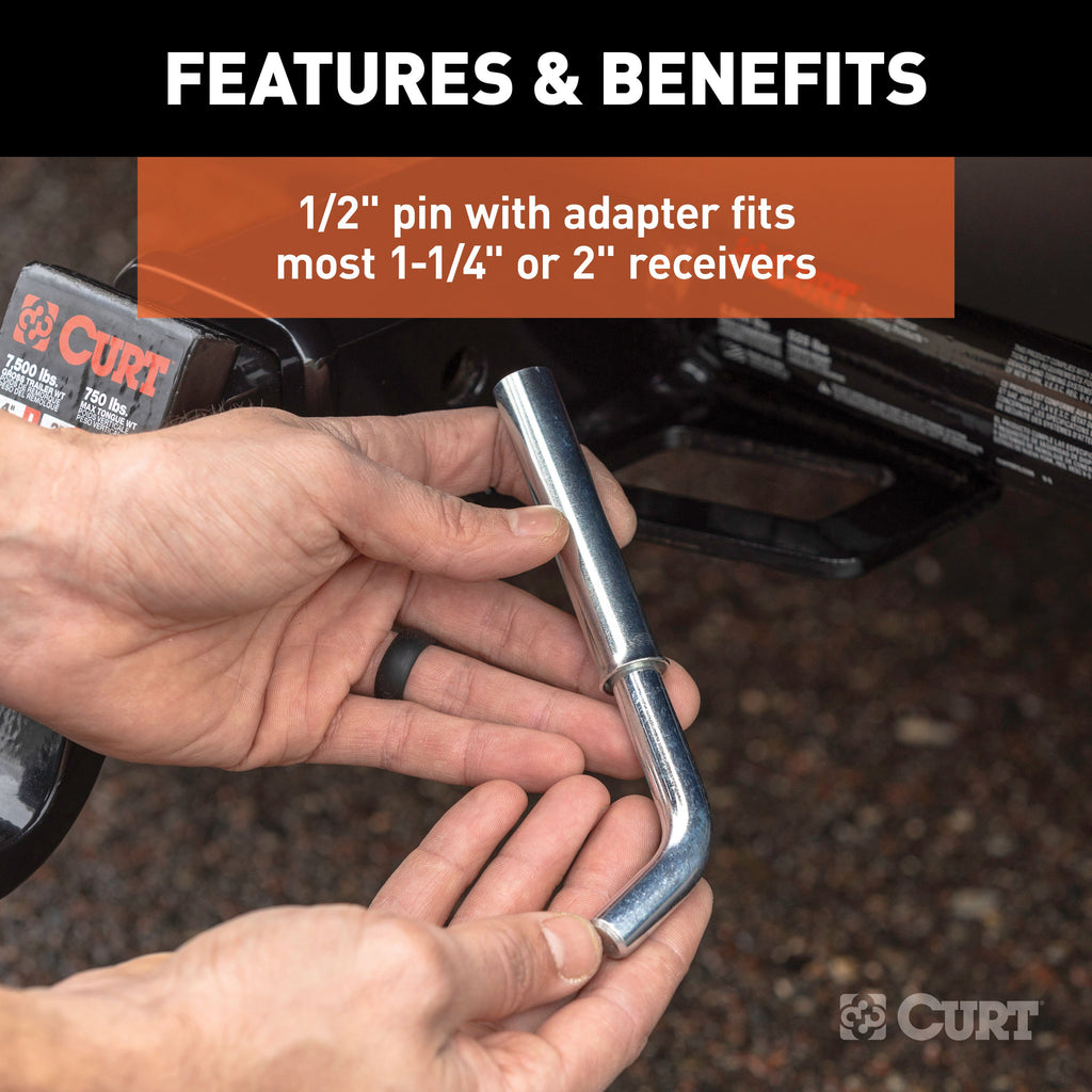 CURT 21561 1/2" Swivel Hitch Pin with 5/8" Adapter (1-1/4" or 2" Receiver, Zinc, Packaged)