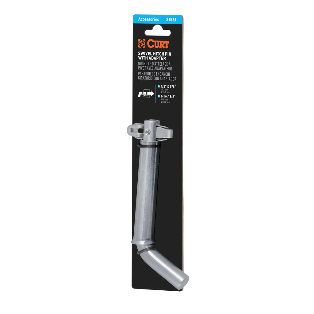 CURT 21561 1/2" Swivel Hitch Pin with 5/8" Adapter (1-1/4" or 2" Receiver, Zinc, Packaged)