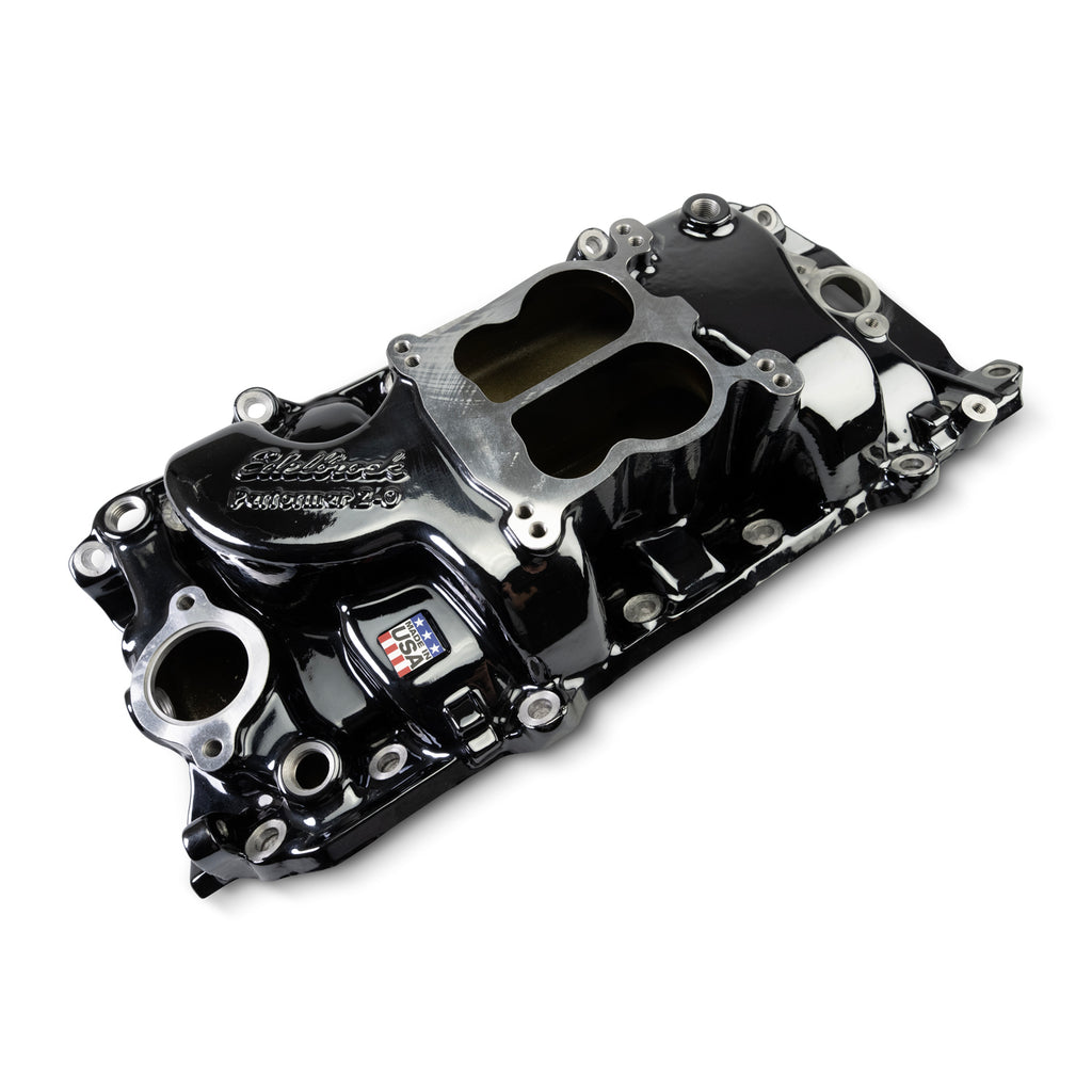 Edelbrock 2161-BP Performer 2-O Manifold for 1965-90 B/B Chevy Oval Port Heads, Black Plasma