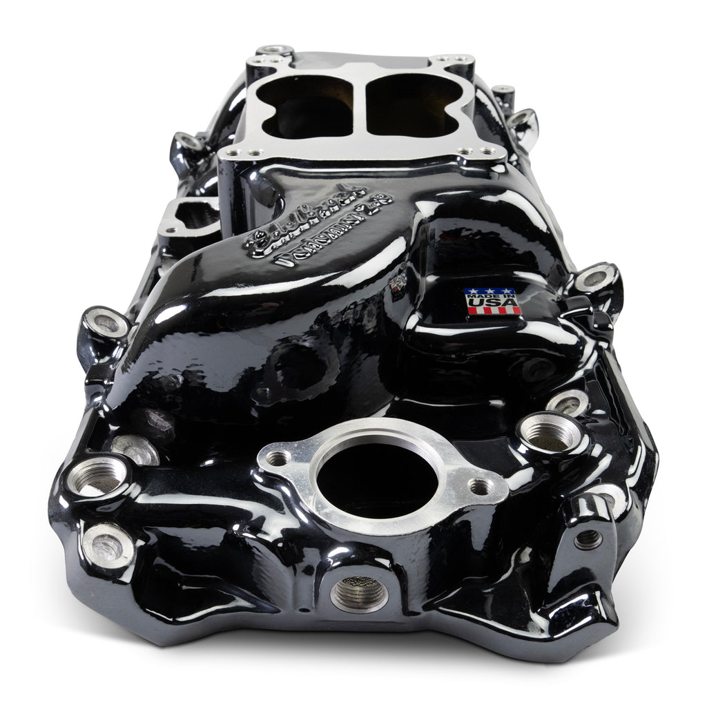 Edelbrock 2161-BP Performer 2-O Manifold for 1965-90 B/B Chevy Oval Port Heads, Black Plasma