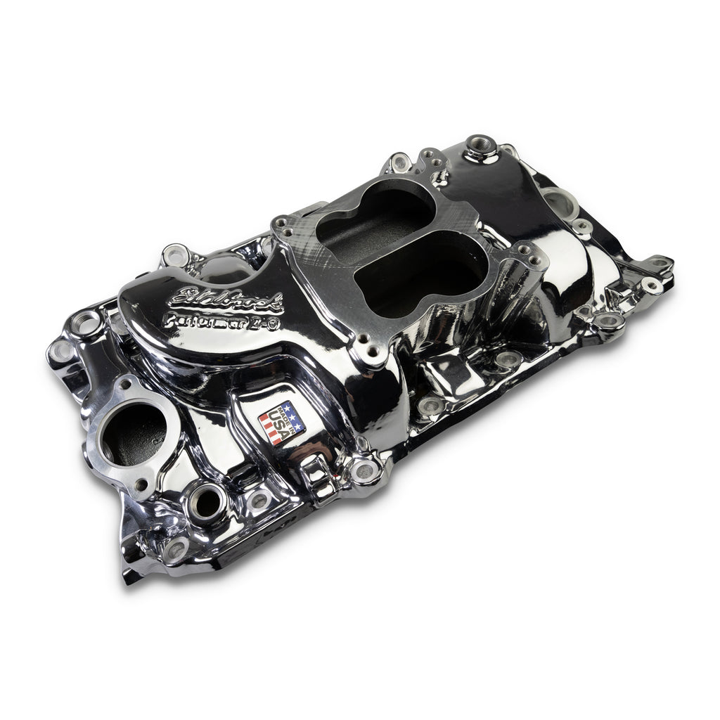 Edelbrock 2161-CP Performer 2-O Manifold for 1965-90 B/B Chevy Oval Port Heads, Chrome Plasma