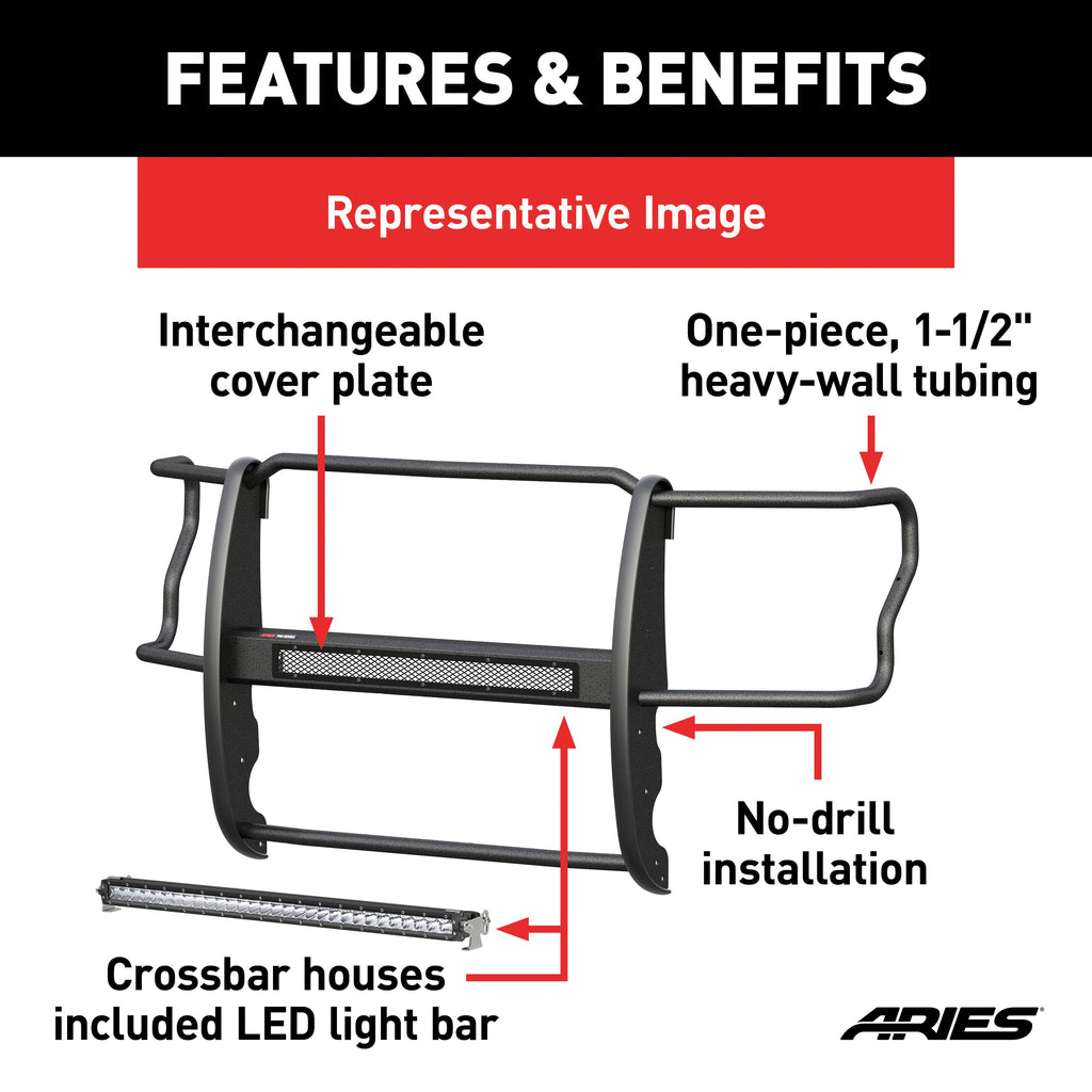 ARIES 2170000 Pro Series Black Steel Grille Guard with Light Bar; Select Jeep Wrangler JK - Truck Part Superstore