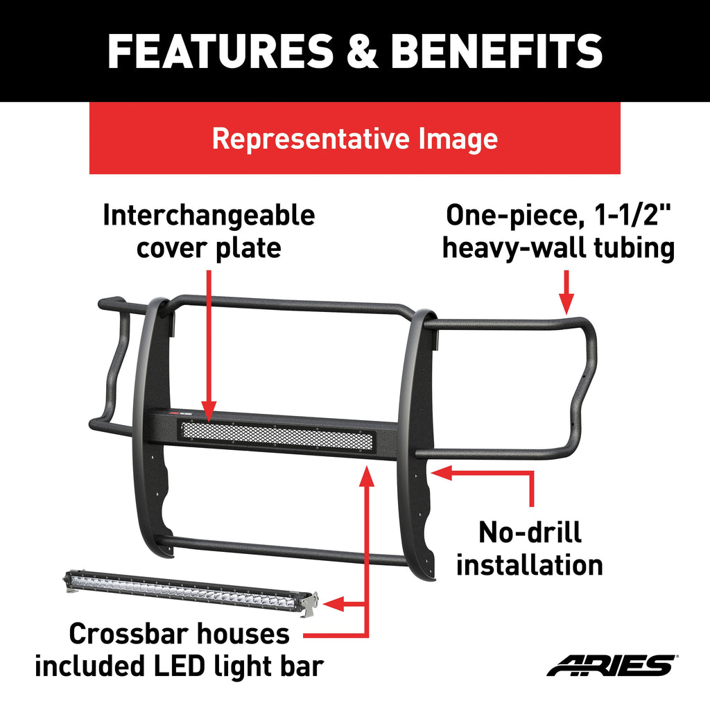 ARIES 2170006 Pro Series Black Steel Grille Guard with Light Bar, Select Toyota Tacoma for Select Toyota Tacoma