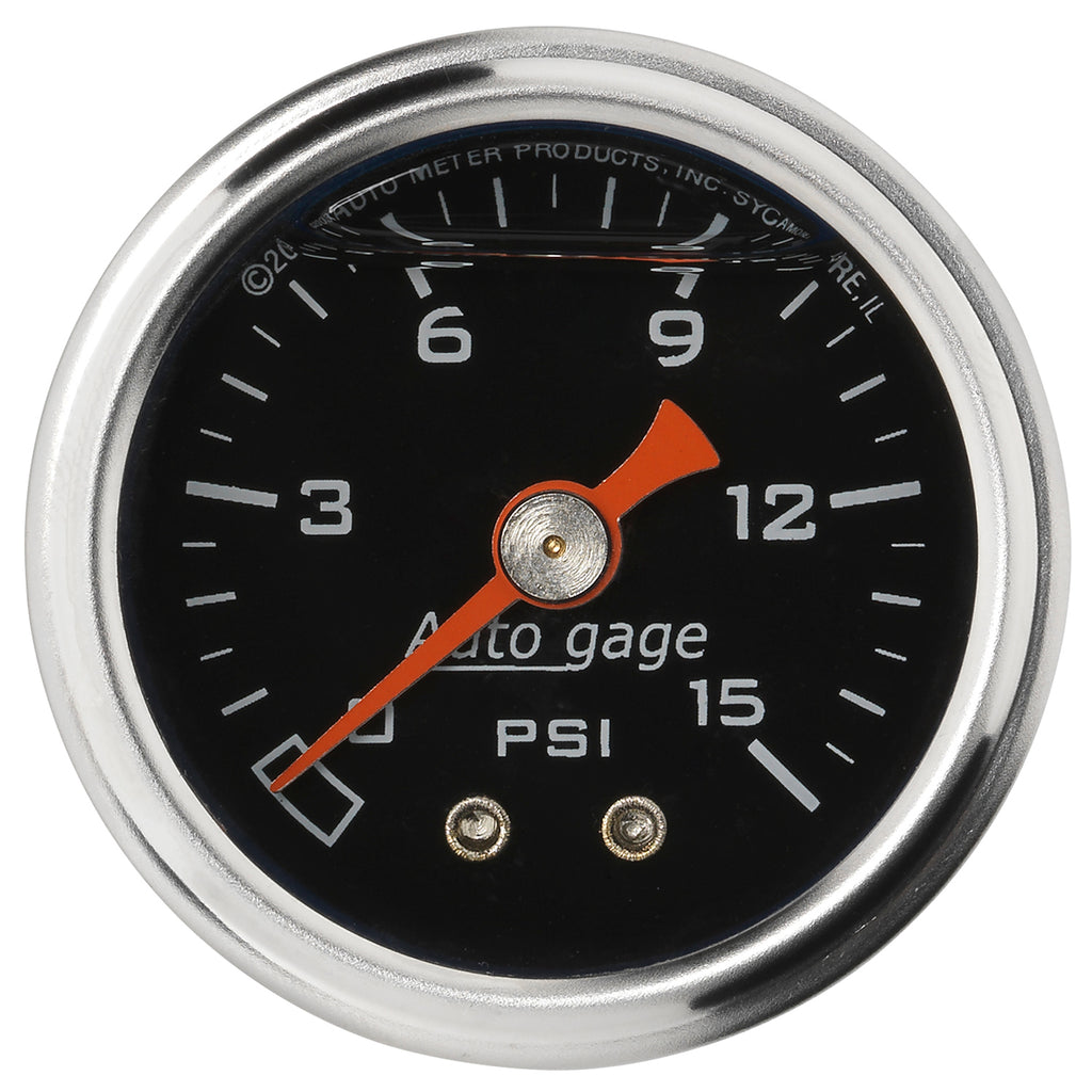 AutoMeter 2172 GAUGE, PRESSURE, 1.5" DIRECT MNT, 15PSI, LIQUID FILLED MECH, BLK, 1/8" NPTF MALE