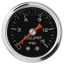 Load image into Gallery viewer, AutoMeter 2172 GAUGE, PRESSURE, 1.5" DIRECT MNT, 15PSI, LIQUID FILLED MECH, BLK, 1/8" NPTF MALE