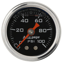 Load image into Gallery viewer, AutoMeter 2174 GAUGE, PRESS, 1.5" DIRECT MNT, 100PSI, LIQUID FILLED MECH, BLK, 1/8" NPTF MALE