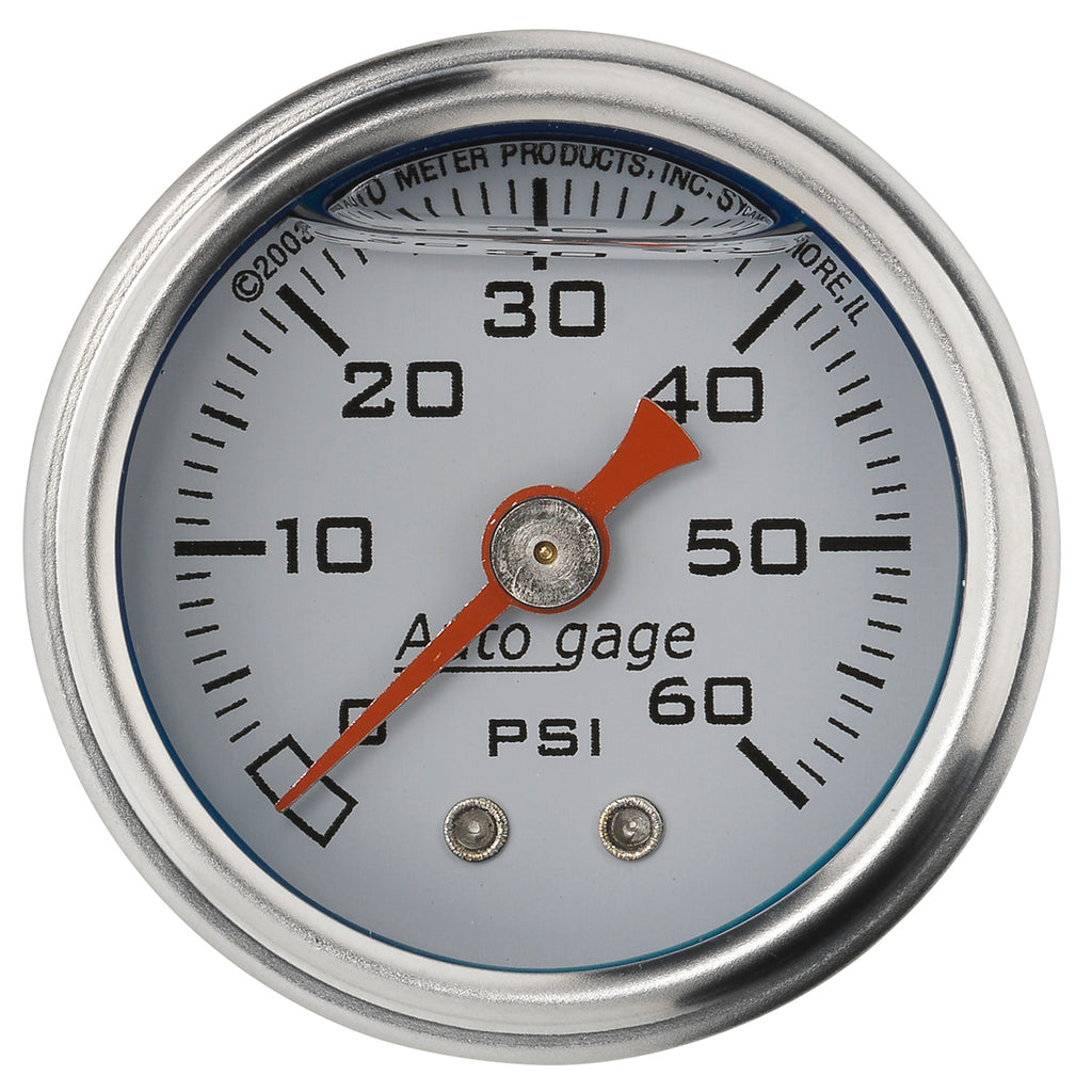 AutoMeter 2176 GAUGE, PRESSURE, 1.5" DIRECT MNT, 60PSI, LIQUID FILLED MECH, WHT, 1/8" NPTF MALE