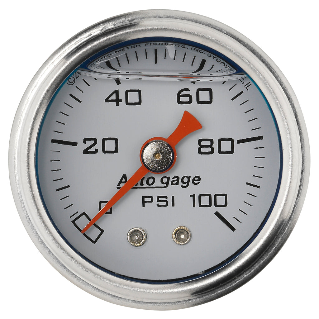 AutoMeter 2177 GAUGE, PRESS, 1.5" DIRECT MNT, 100PSI, LIQUID FILLED MECH, WHT, 1/8" NPTF MALE