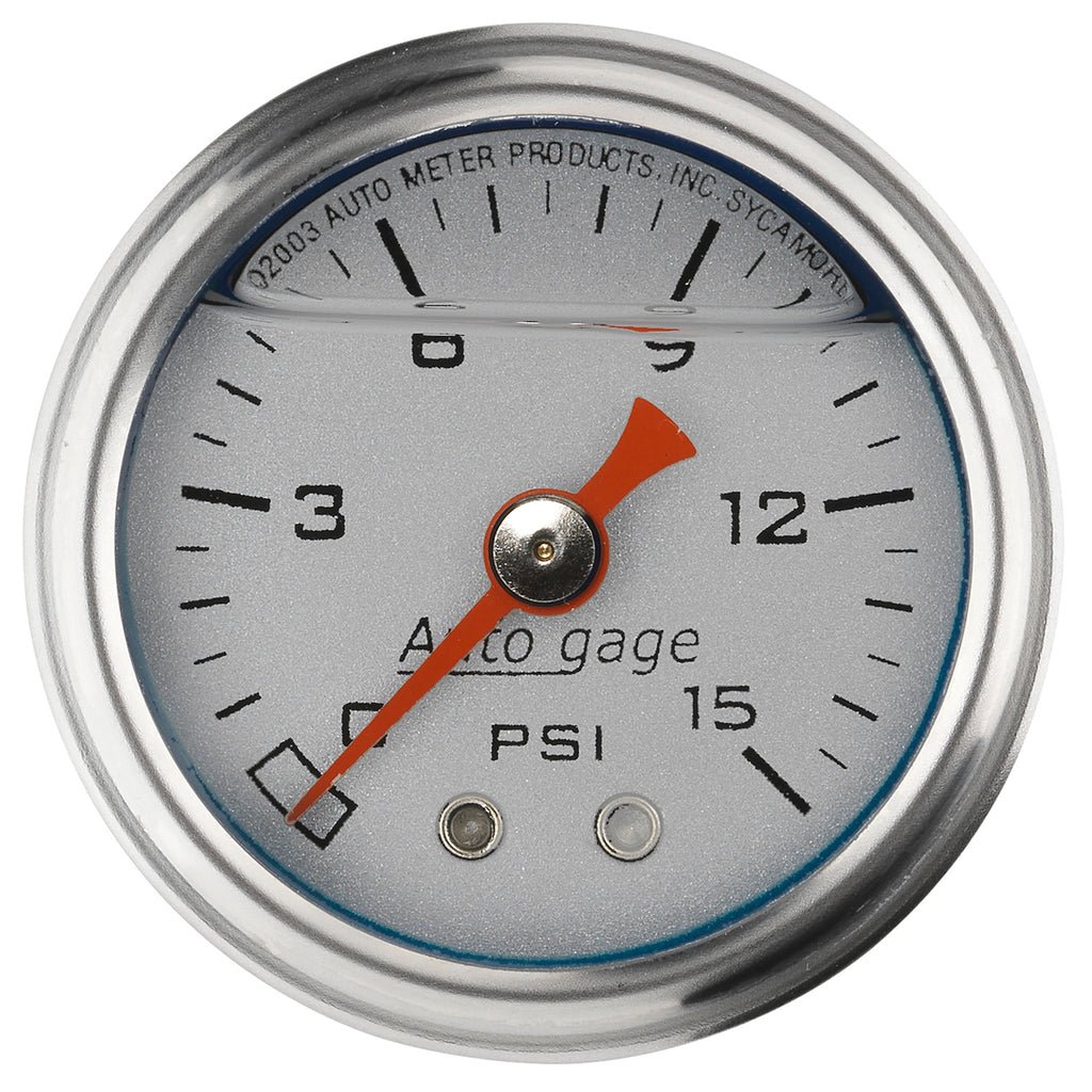 AutoMeter 2178 GAUGE, PRESS, 1.5" DIRECT MNT, 15PSI, LIQUID FILLED MECH, SLVR, 1/8" NPTF MALE