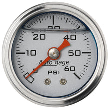 Load image into Gallery viewer, AutoMeter 2179 GAUGE, PRESS, 1.5" DIRECT MNT, 60PSI, LIQUID FILLED MECH, SLVR, 1/8" NPTF MALE