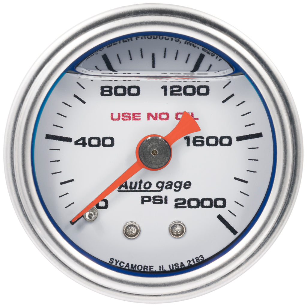 AutoMeter 2183 GAUGE, PRESS, 1.5" DIRECT MNT, 2,000PSI, LIQUID FILLED MECH, WHT, 1/8" NPTF MALE