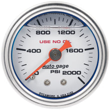 Load image into Gallery viewer, AutoMeter 2183 GAUGE, PRESS, 1.5" DIRECT MNT, 2,000PSI, LIQUID FILLED MECH, WHT, 1/8" NPTF MALE