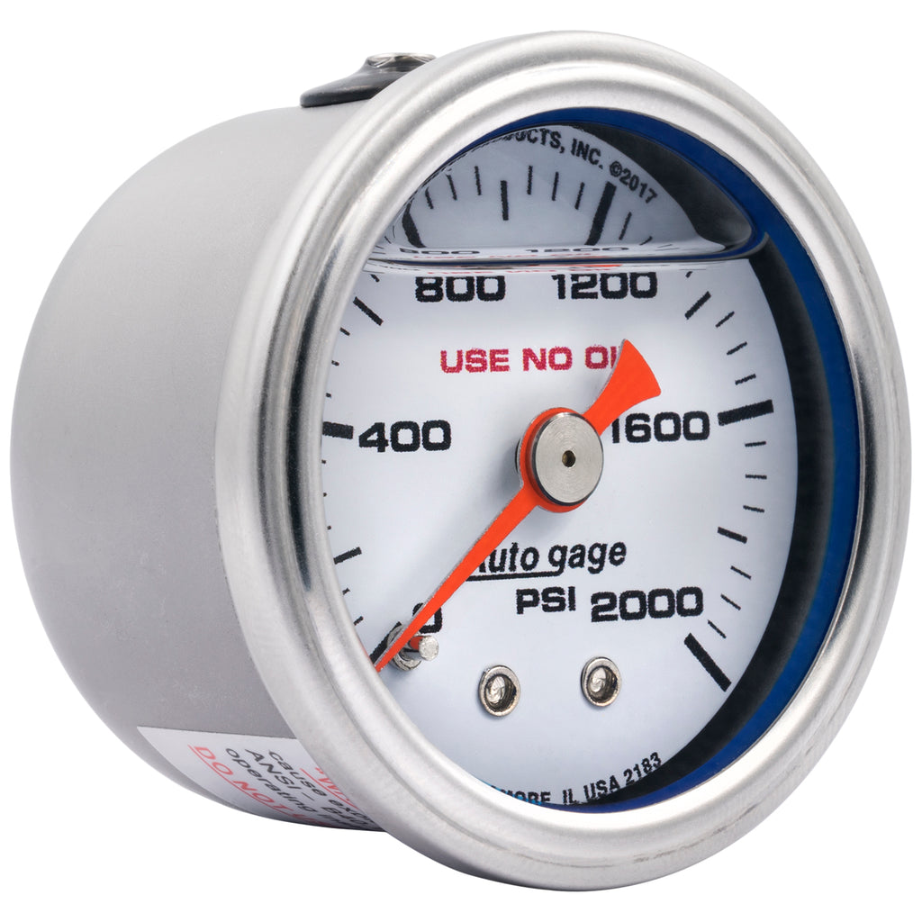 AutoMeter 2183 GAUGE, PRESS, 1.5" DIRECT MNT, 2,000PSI, LIQUID FILLED MECH, WHT, 1/8" NPTF MALE