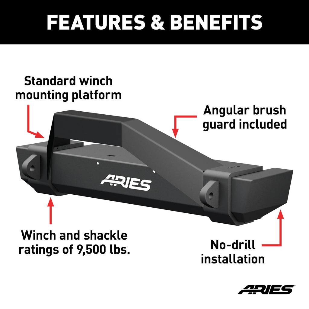 ARIES 2186001 TrailCrusher Jeep Wrangler TJ Steel Front Bumper with Brush Guard, 9.5K for Select Jeep Wrangler