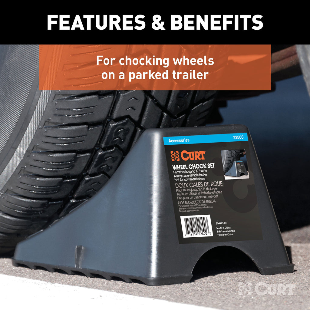 CURT 22800 Wheel Chock Set (Up to 17" Wide Wheels)