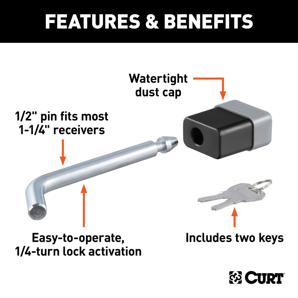 CURT 23020 1/2" Hitch Lock (1-1/4" Receiver, Deadbolt, Chrome)
