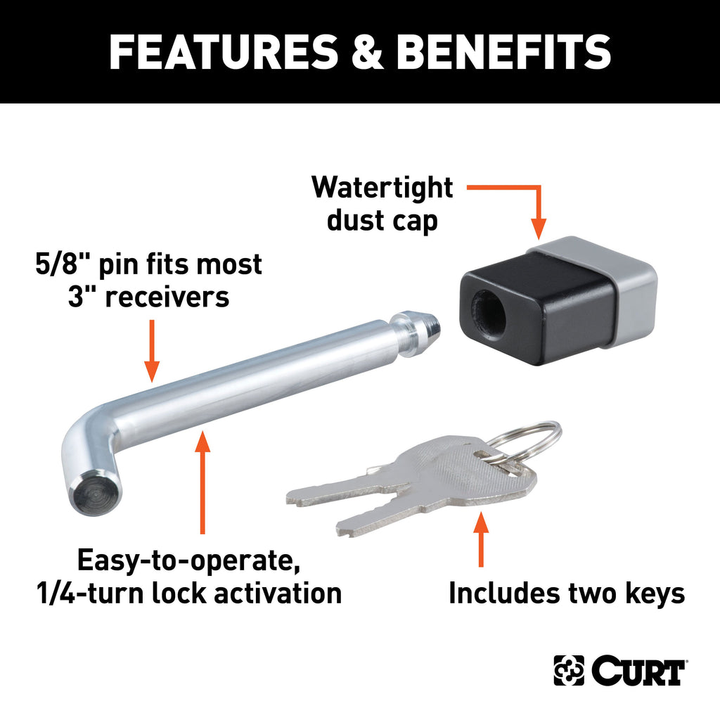 CURT 23021 5/8" Hitch Lock (2", 2-1/2" or 3" Receiver, Deadbolt, Chrome)