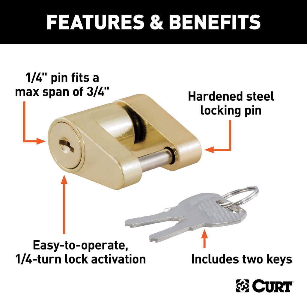 CURT 23022 Coupler Lock (1/4" Pin, 3/4" Latch Span, Padlock, Brass-Plated)
