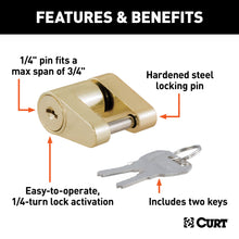 Load image into Gallery viewer, CURT 23022 Coupler Lock (1/4" Pin, 3/4" Latch Span, Padlock, Brass-Plated)