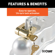 Load image into Gallery viewer, CURT 23022 Coupler Lock (1/4" Pin, 3/4" Latch Span, Padlock, Brass-Plated)