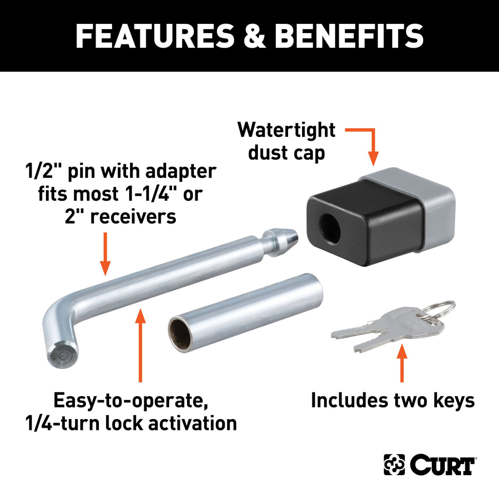 CURT 23024 1/2" Hitch Lock with 5/8" Adapter (1-1/4" or 2" Receiver, Deadbolt, Chrome)