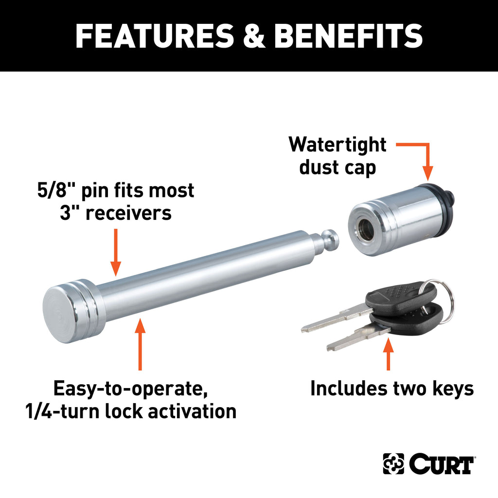 CURT 23025 5/8" Hitch Lock (3" Receiver, Barbell, Chrome)