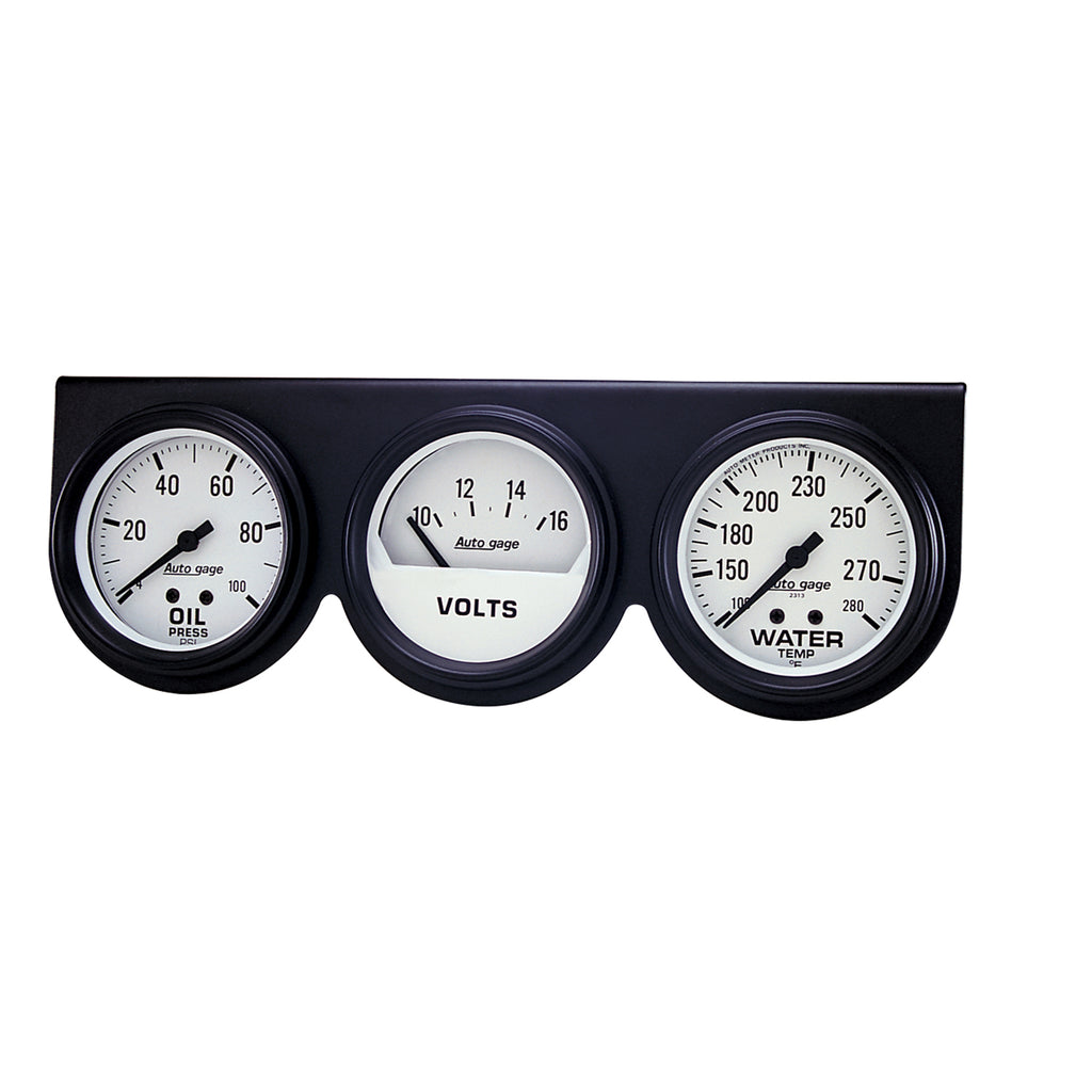 AutoMeter 2328 GAUGE CONSOLE, OILP/WTMP/VOLT, 2 5/8", 100PSI/280?F/16V, WHT DIAL, BLK BZL, AG