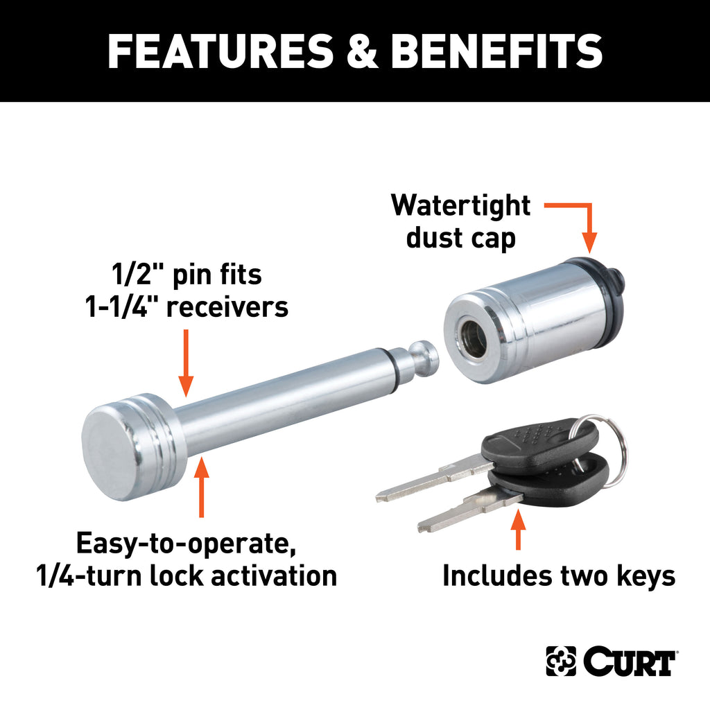 CURT 23501 1/2" Hitch Lock (1-1/4" Receiver, Barbell, Chrome)