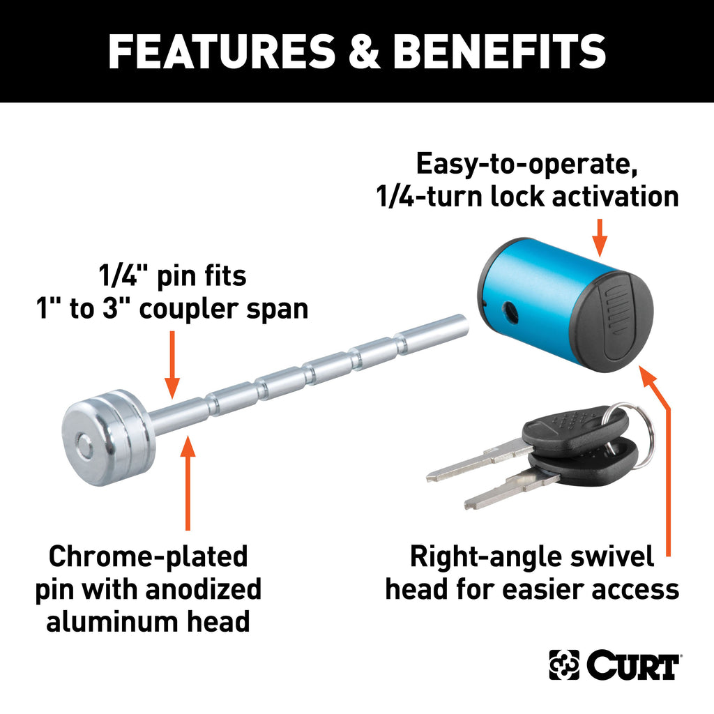 CURT 23503 Coupler Lock (1/4" Pin, 1" to 3" Latch Span, Right-Angle, Chrome)