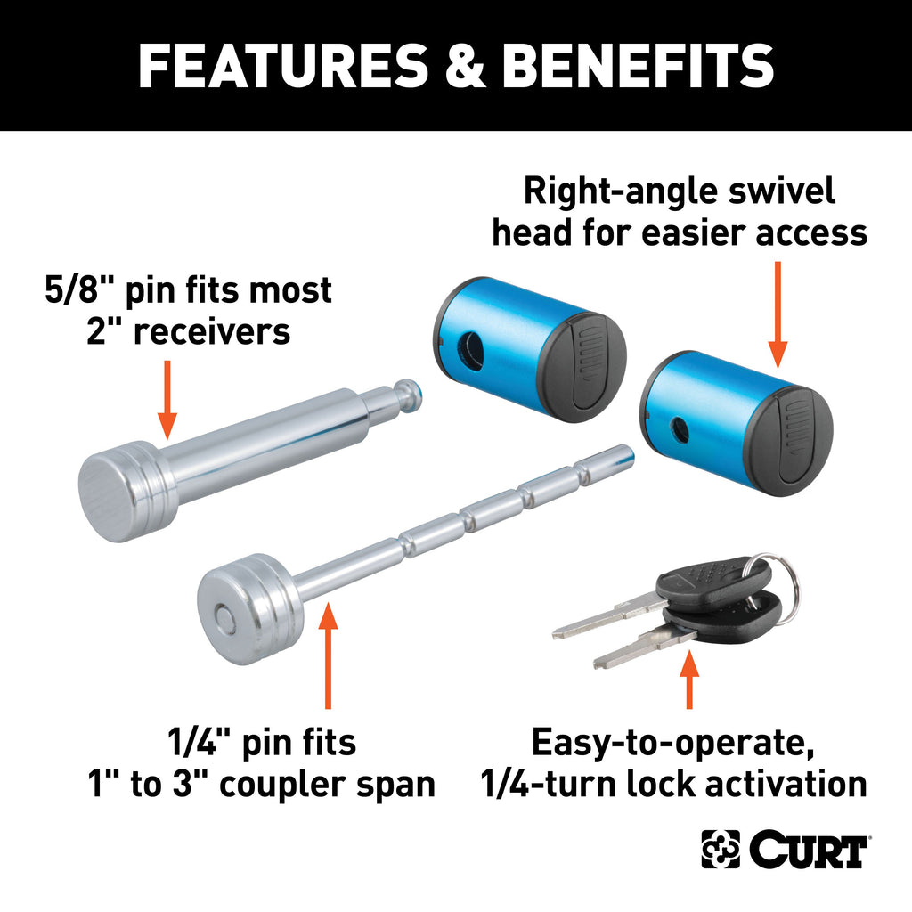 CURT 23505 Right-Angle Hitch & Coupler Lock Set (2" Receiver, 1" to 3" Latch)