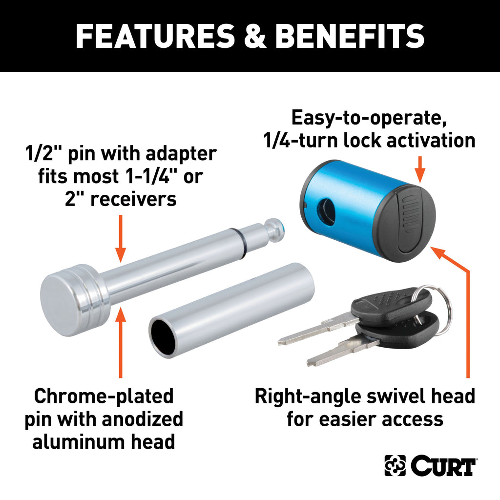CURT 23506 1/2" Hitch Lock with 5/8" Adapter (1-1/4" or 2" Receiver, Right-Angle, Chrome)