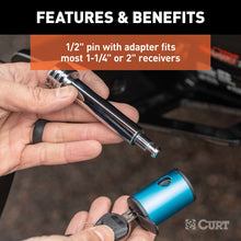 Load image into Gallery viewer, CURT 23506 1/2" Hitch Lock with 5/8" Adapter (1-1/4" or 2" Receiver, Right-Angle, Chrome)