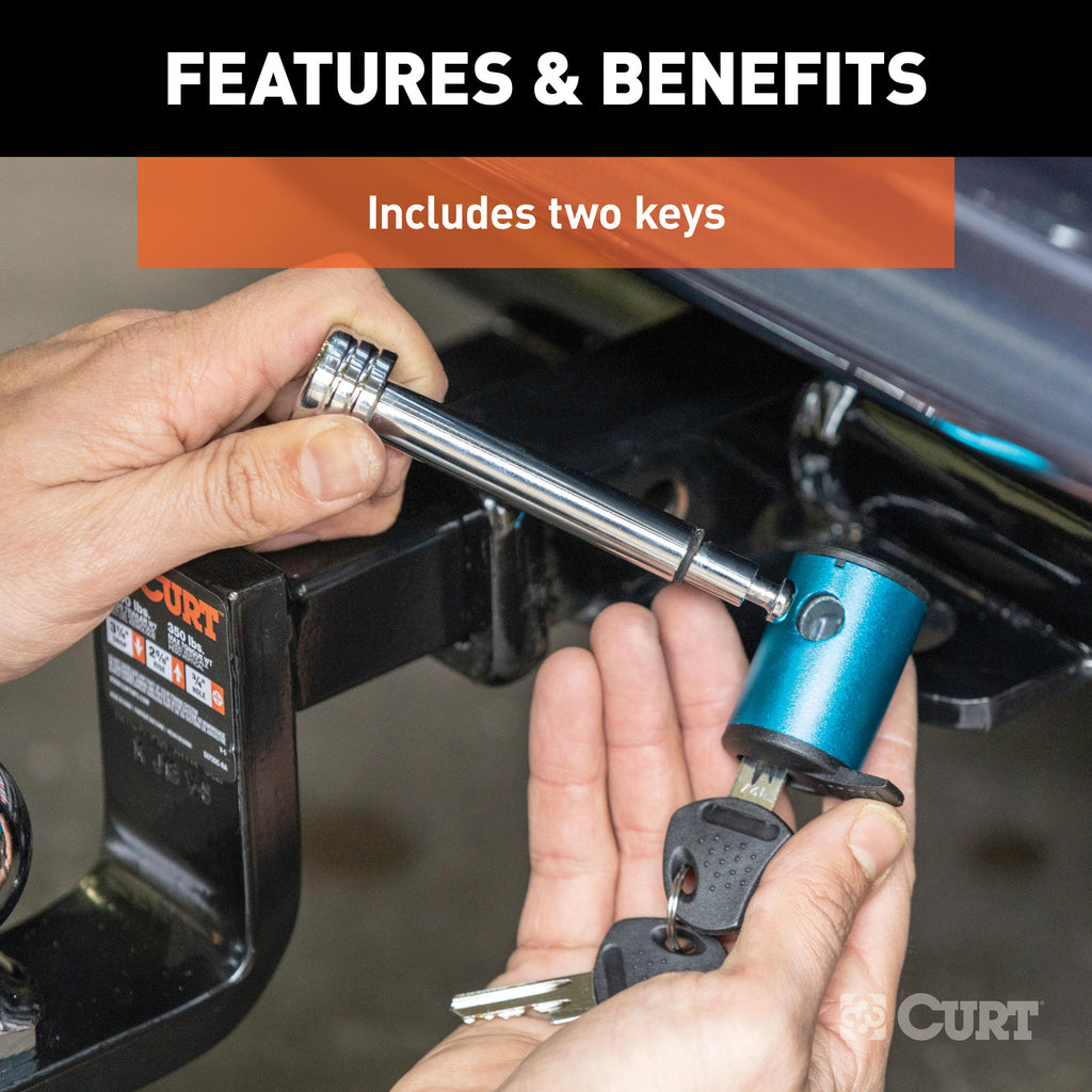 CURT 23506 1/2" Hitch Lock with 5/8" Adapter (1-1/4" or 2" Receiver, Right-Angle, Chrome)